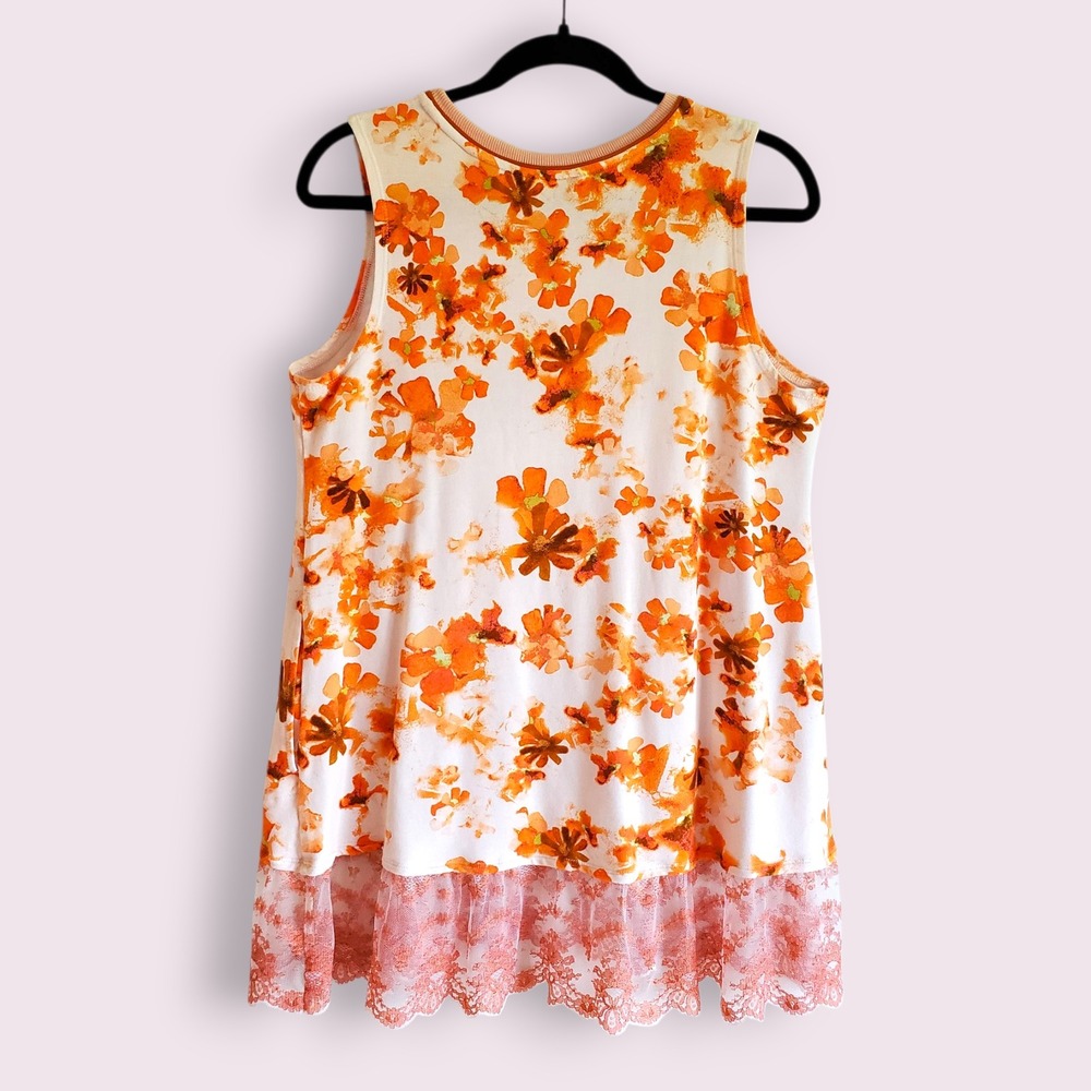 Logo Lounge Tank Top Orange Floral Lace Trim Sleeveless Casual Blouse Medium - Picture 2 of 4